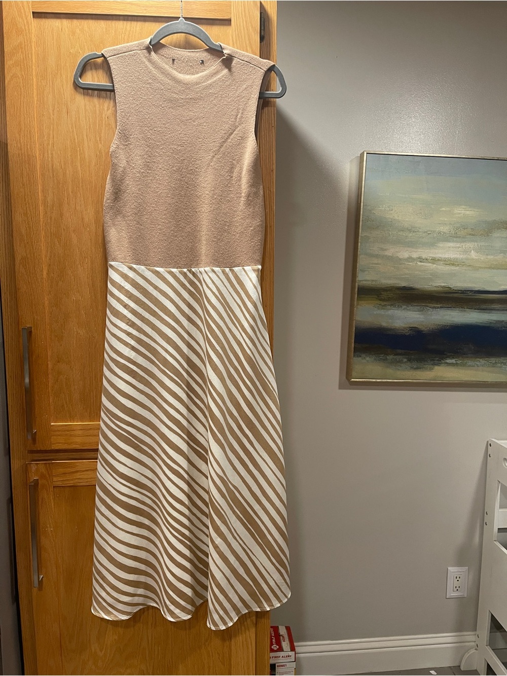 Ann Taylor Sleeveless Beige & White Striped Midi Dress